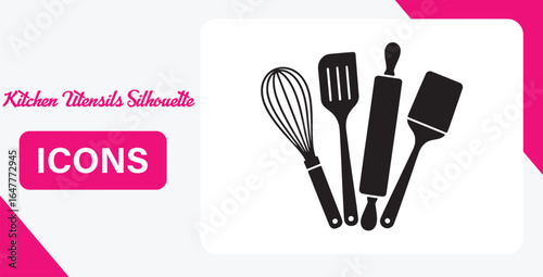 Kitchen Utensils Silhouette Vector Icons for Cooking and Baking Illustration of Cooking Supplies Flat Design