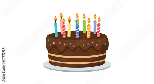 A chocolate birthday cake with colorful candles and sprinkles on top