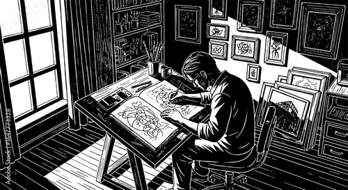 Black and white illustration of an artist drawing in a creative home studio, focused on artistic work at a drafting table.