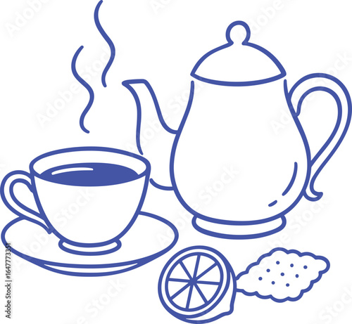 Minimalist Line Art Illustration of Tea Set with Lemon and Biscuit