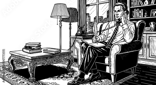 Vintage illustration of a thoughtful man in an armchair, writing or contemplating in a classic study or office with city view.