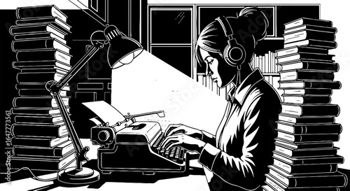 Focused author typing on a vintage typewriter with headphones amidst stacked books, capturing concentration and creativity in monochrome.