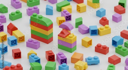 Jouets blocs couleurs vives eclatantes disperses fond blanc. AI Generated