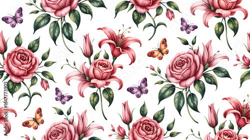 Wallpaper Mural Elegant Vintage Roses and Lilies with Butterflies Seamless Floral Pattern Torontodigital.ca