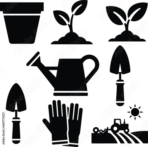 Vector art of collection of gardening tools and elements, including a pot, sprouts, trowels, watering can, gloves, and a tractor on a field, isolated on white background