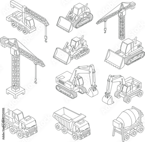 Vector art of collection of isometric line art construction vehicles including cranes, excavators, bulldozers, loaders, dump trucks, and cement mixers, isolated on white background