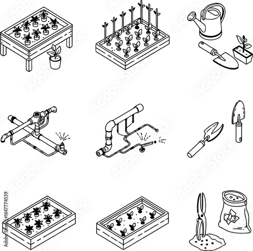 Vector art of collection of gardening tools and seed starting equipment, including seed trays, pots, watering can, trowel, and dibber, isolated on white background