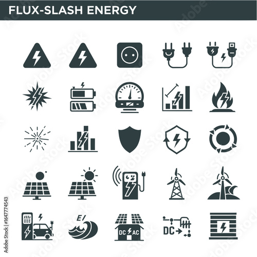 Energy and power solid glyph icon set. Electricity, renewable sources and technology symbols.