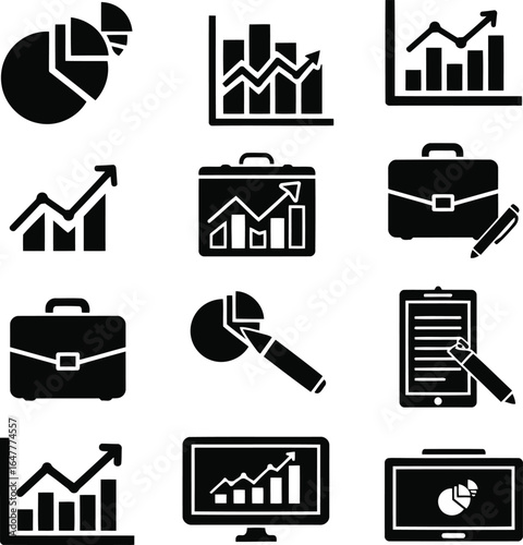 Vector art of collection of business and finance icons, including charts, graphs, and briefcases, representing data analysis, growth, and strategy, isolated on white background