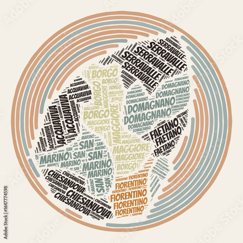 San Marino Round Poster. Typography style image of Country. Regions word clouds of San Marino. Vintage image design with scratch texture.
