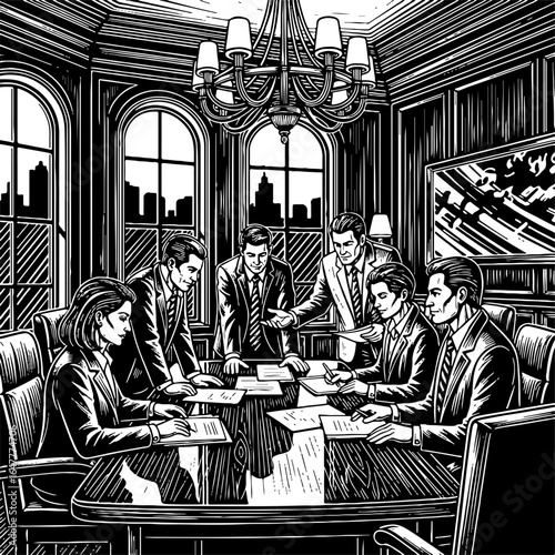 Professional business meeting illustration in a classic formal setting. Executives collaborate on strategy and paperwork in a corporate boardroom.