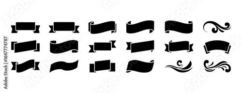 Minimalist vector graphic set of various black ribbon banners and decorative scrolls