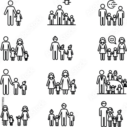 Vector art of collection of simple line art icons representing families of various sizes and compositions, isolated on a white background