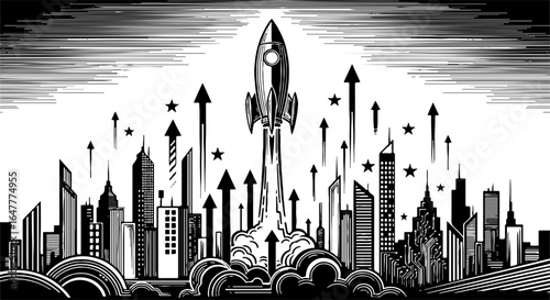 Ambitious Rocket Launch from Modern City Skyline, Symbolizing Business Growth, Innovation, and Future Success Illustration