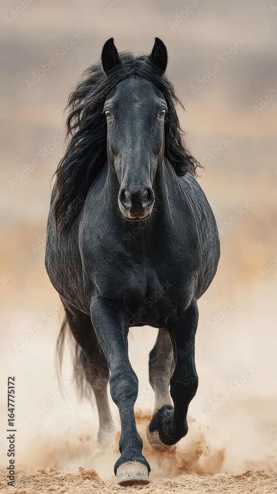 Obraz premium Majestic black horse gallops through dust in an open field during golden hour in natural light