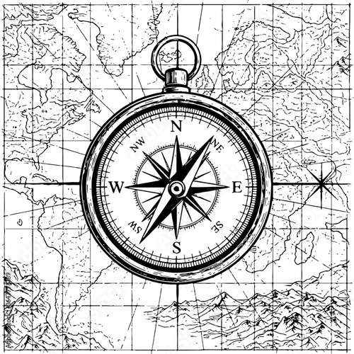 Vintage detailed engraved compass on antique world map. Hand-drawn illustration for navigation, adventure, and exploration.