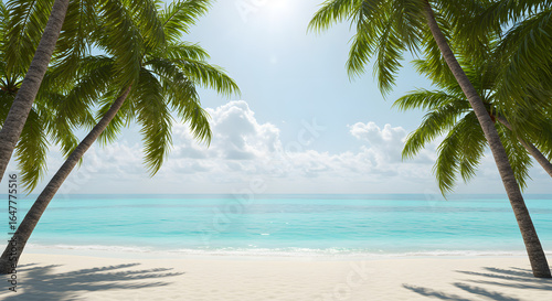 Fototapeta Naklejka Na Ścianę i Meble -  Idyllic tropical paradise beach with swaying palm trees framing the calm turquoise ocean and white sandy shore under a sunny sky.