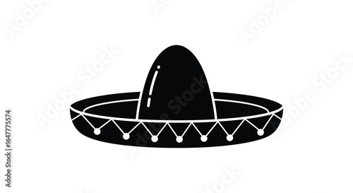 A black sombrero hat with white trim and decorative details