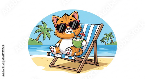 Cartoon cat with sunglasses relaxing on a beach chair drinking coconut juice on a tropical beach scene