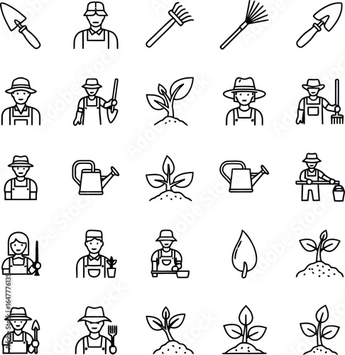 Vector art of collection of garden and farm icons featuring farmers, plants, and tools, isolated on white background