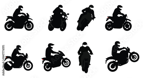 Silhouette of motorcyclists riding different motorcycles in various positions