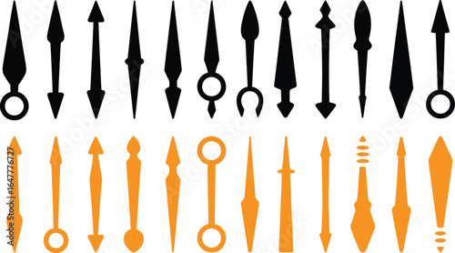 Vector set of clock hands.Clock arms. Black hands of clocks, isolated time pointers various design.Clock hands vector set in black and orange offer creative design timepieces