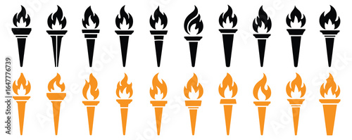 Torch flame icons. Big set of different torch fire flames in black.Torch fire icon. Burning torch logo, vector illustration