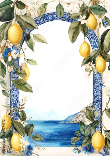 Scenic ocean view framed by lemon branches and flowers in a coastal landscape during a clear sunny day, generative ai