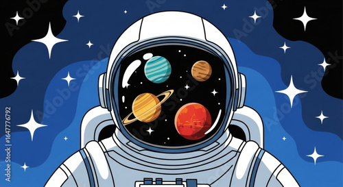 Astronaut in space suit with planets and stars reflected in the helmet visor against a cosmic background