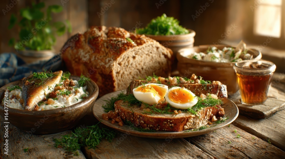 A beautiful rustic breakfast setting featuring soft-boiled eggs on whole grain toast, garnished with fresh herbs, embodying warmth and culinary comfort in a cozy environment. A beautiful rustic breakfast setting featuring soft-boiled eggs on whole grain toast, garnished with fresh herbs, embodying warmth and culinary comfort in a cozy environment.