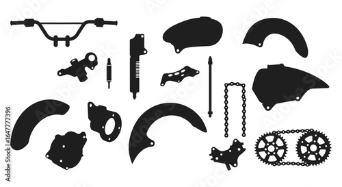 Black silhouettes of bicycle parts on a white background