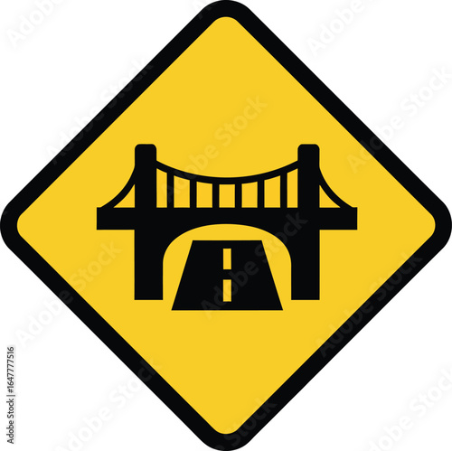 Yellow bridge sign isolated on white background, indicating the presence of a bridge ahead, caution for drivers, and potential structural considerations
