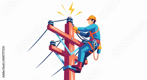 Electrician Working on Power Lines with Lightning