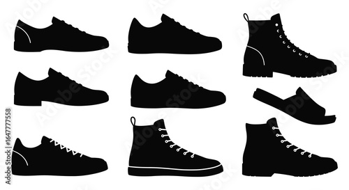 Collection of various black shoe silhouettes on white background