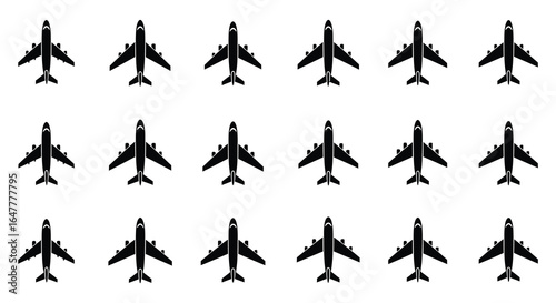 Multiple airplane silhouettes in various orientations on white background