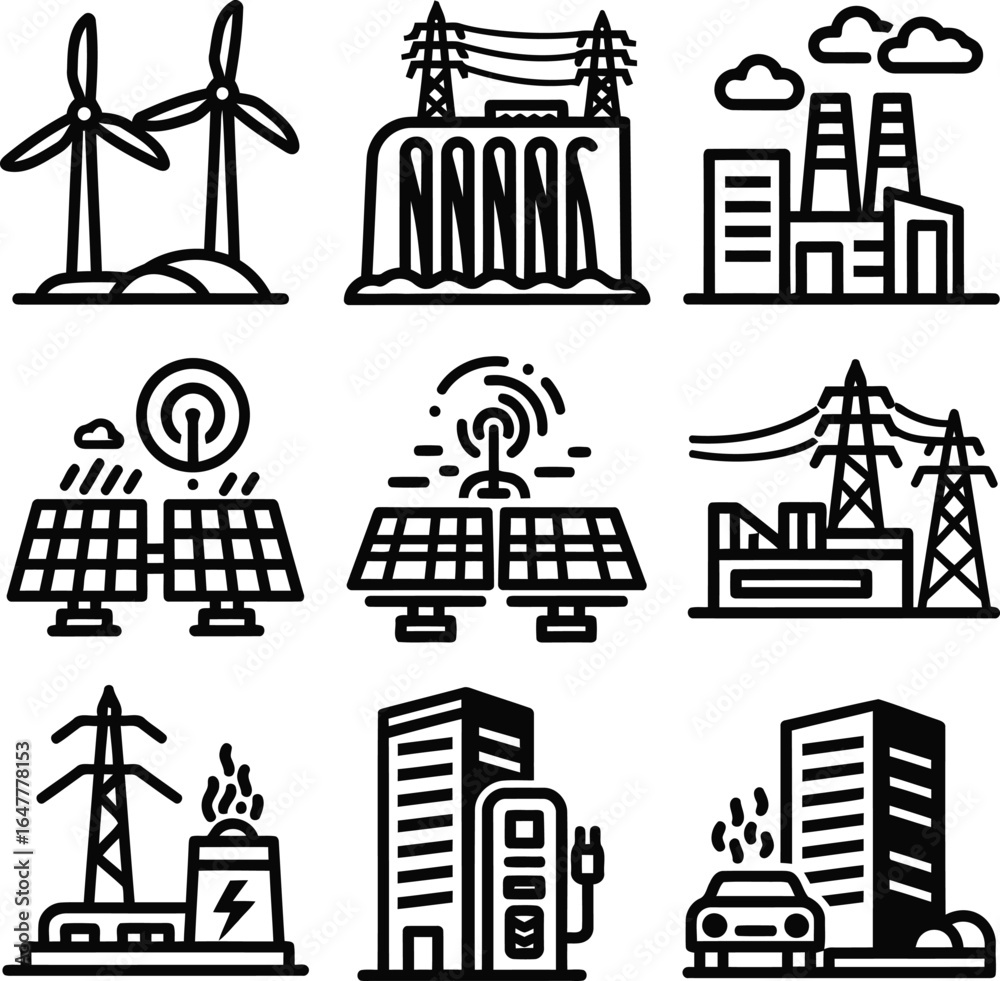 Obraz premium Set of black vector city buildings and industrial factory icons featuring urban architecture silhouettes and business cityscape design elements for construction and industry illustration