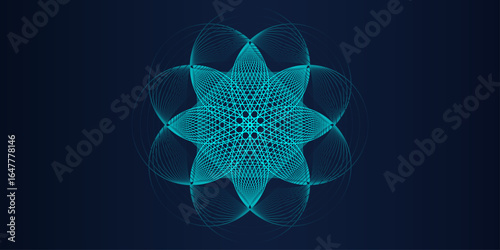 Neon geometric mandala pattern. Abstract glowing wireframe background with symmetry and futuristic digital design