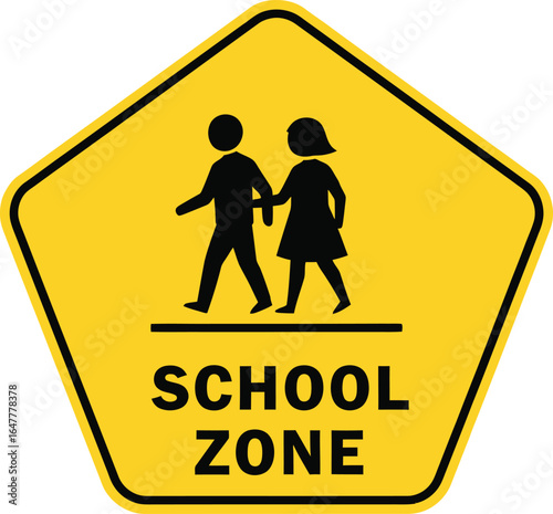 School zone sign isolated on white background warns drivers to be cautious of children crossing the street and to reduce speed in the area