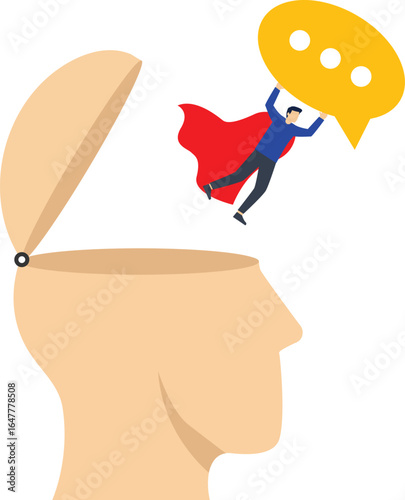 Brain imagination. Businessman sends message in head. vector illustration

