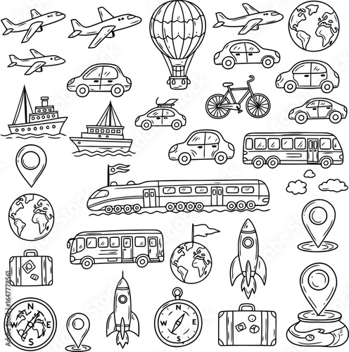 Vector art of collection of handdrawn transportation icons including airplanes, cars, trains, buses, boats, bicycles, hot air balloons, rockets, luggage, and globes, isolated on white background