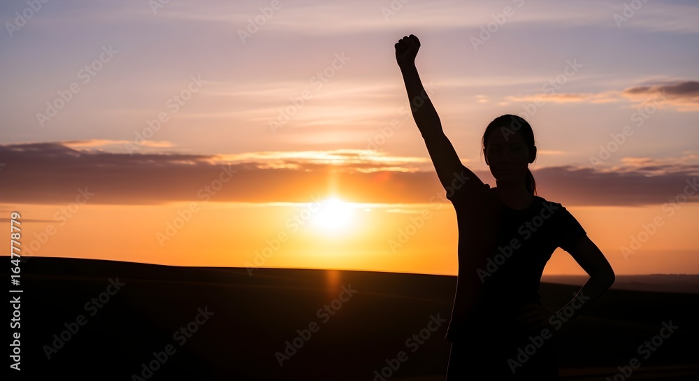 Fototapeta premium Silhouette of woman raising fist at sunrise, empowerment concept