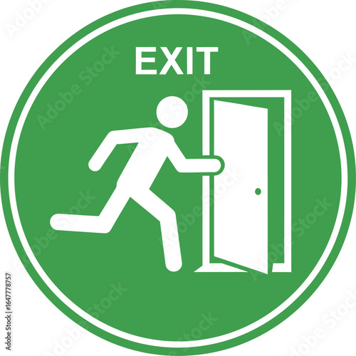 Emergency exit sign with running man symbol isolated on white background to indicate the direction of escape in case of fire or other emergency