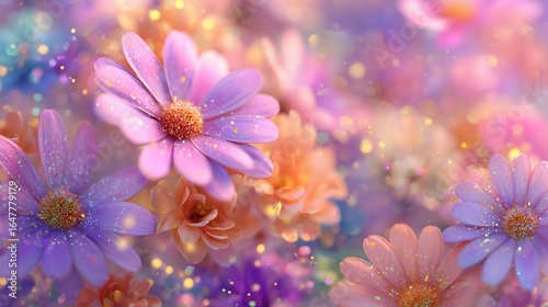 Pastel daisies close-up with sparkle in a garden, soft focus. Ideal for beauty