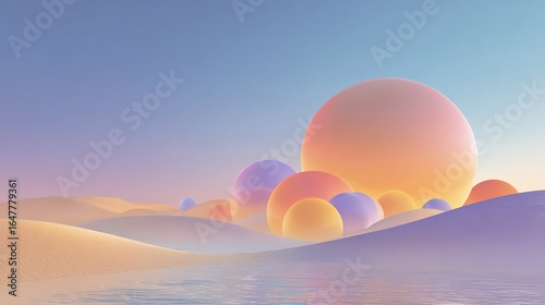 Pastel orbs float over sandy desert scene with ripples in a water feature, for design usage