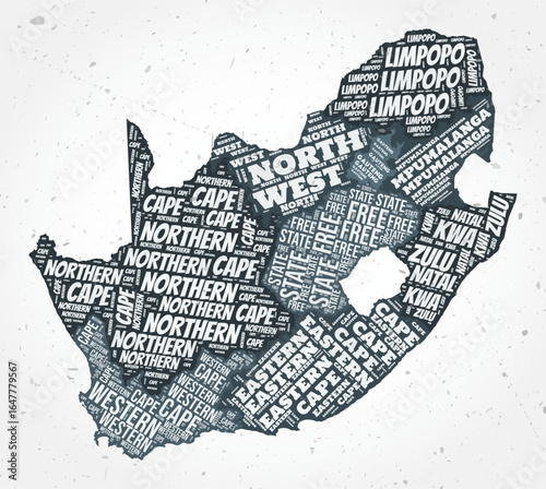 South Africa regions word clouds. Country shape on textured background. South Africa design in typographic style. Elegant vector illustration.