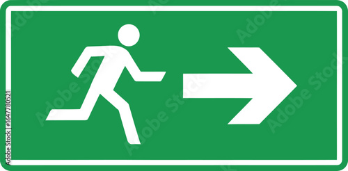 Green emergency exit sign with running figure and arrow isolated on white background, indicating the direction of escape for safety