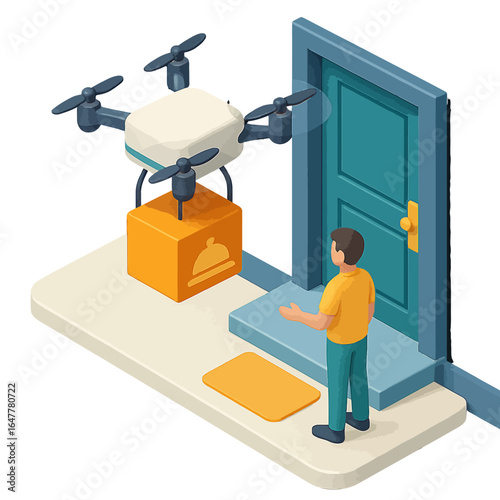 Isometric illustration of a quadcopter drone delivering an orange food package to a man at his front door.