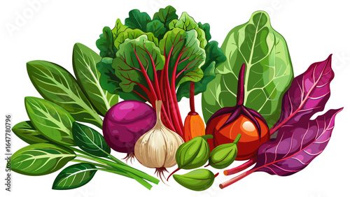 Fresh bunch of leafy green and reddish-purple vegetable against a clean white background
