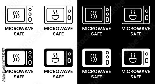 Microwave Safe Icon, A set of four distinct microwave safe icons presented in both positive and negative formats for clear visual communication.