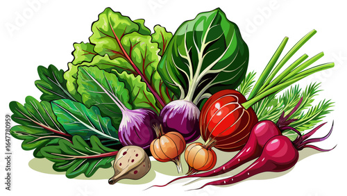 Fresh bunch of leafy green and reddish-purple vegetable against a clean white background
